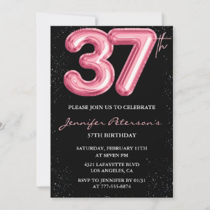 Invitación Purpurina de globo negro rosa Glam 37 cumpleaños