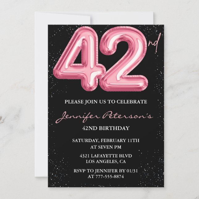 Invitación Purpurina de globo negro rosa Glam 42º cumpleaños (Anverso)