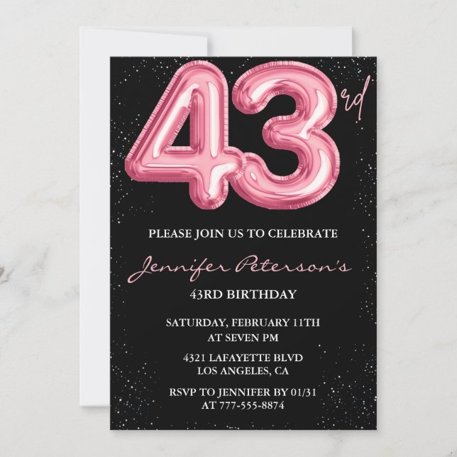 Invitación Purpurina de globo negro rosa Glam 43 cumpleaños (Anverso)