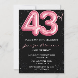Invitación Purpurina de globo negro rosa Glam 43 cumpleaños