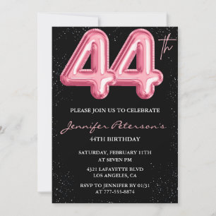 Invitación Purpurina de globo negro rosa Glam 44º cumpleaños