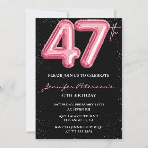 Invitación Purpurina de globo negro rosa Glam 47 cumpleaños
