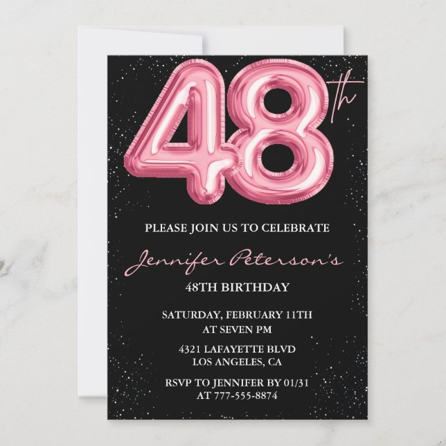 Invitación Purpurina de globo negro rosa Glam 48º cumpleaños (Anverso)