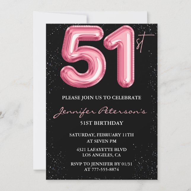 Invitación Purpurina de globo negro rosa Glam 51 cumpleaños (Anverso)