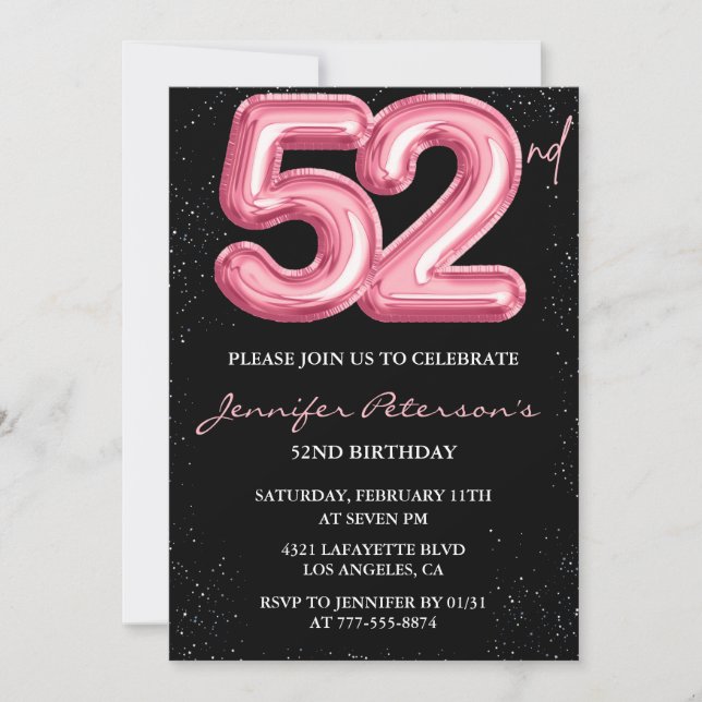 Invitación Purpurina de globo negro rosa Glam 52 cumpleaños (Anverso)