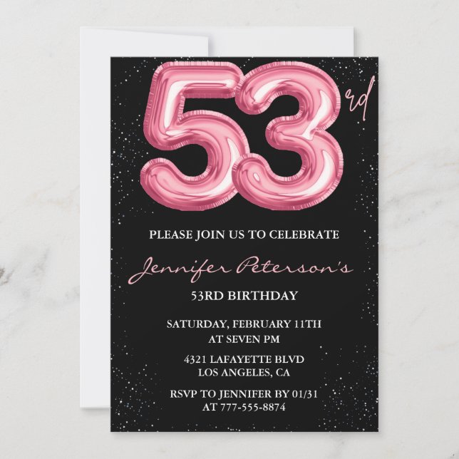 Invitación Purpurina de globo negro rosa Glam 53 cumpleaños (Anverso)