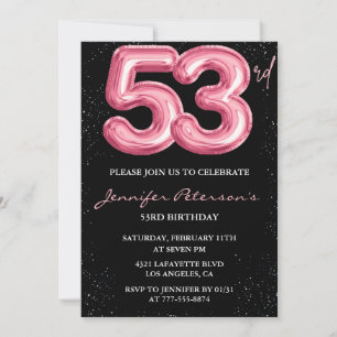 Invitación Purpurina de globo negro rosa Glam 53 cumpleaños