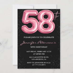 Invitación Purpurina de globo negro rosa Glam 58º cumpleaños