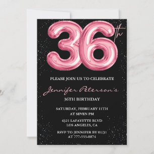 Invitación Purpurina de globo negro rosa Glam en 36 años