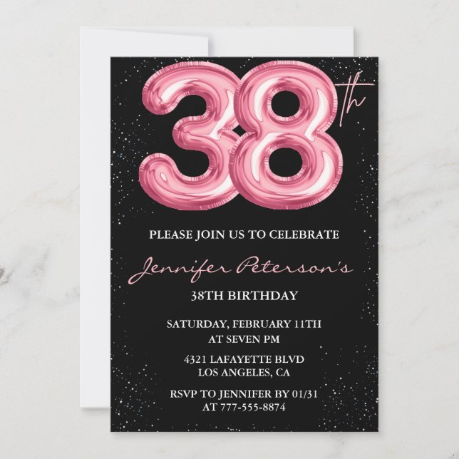Invitación Purpurina de globo negro rosa Glam en 38 años (Anverso)
