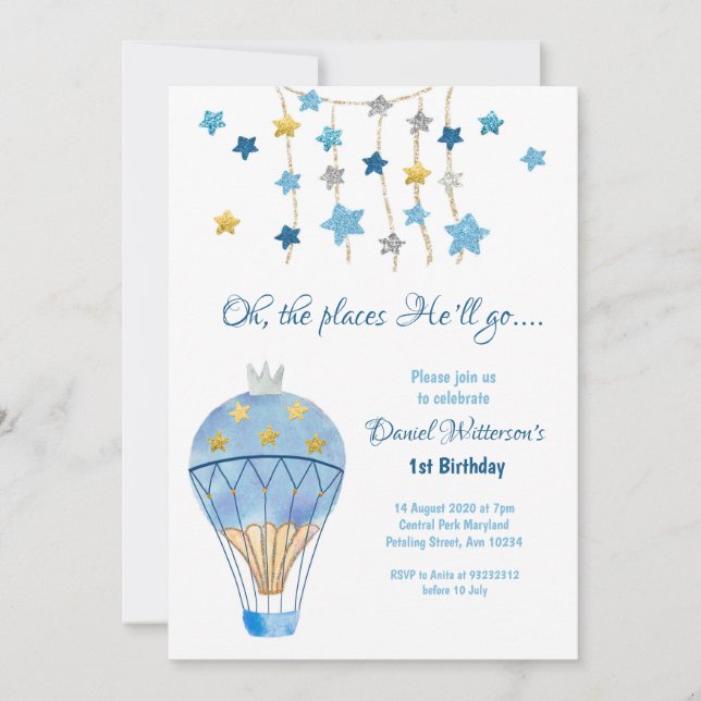 Invitación Purpurina de globos aerostáticos cumpleaños estrel (Anverso)