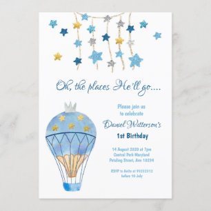 Invitación Purpurina de globos aerostáticos cumpleaños estrel