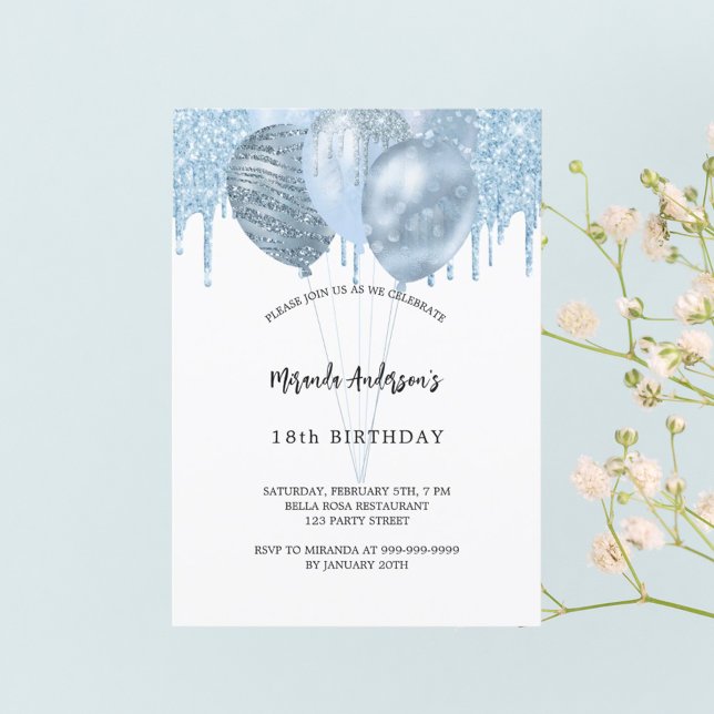 Invitación Purpurina de globos azules blancos de cumpleaños g (Subido por el creador)