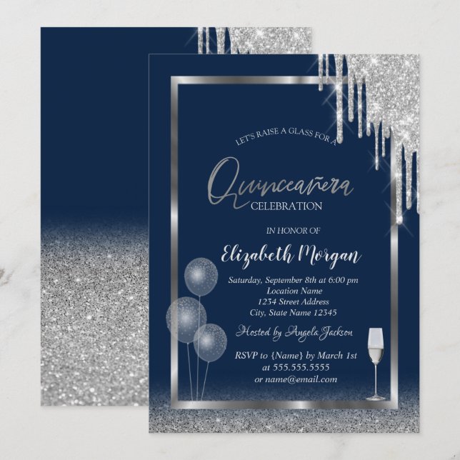 Invitación Purpurina de globos de cristal de vino gotea azul  (Anverso / Reverso)