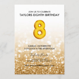 Invitación Purpurina de globos de oro 8vo cumpleaños