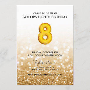 Invitación Purpurina de globos de oro 8vo cumpleaños
