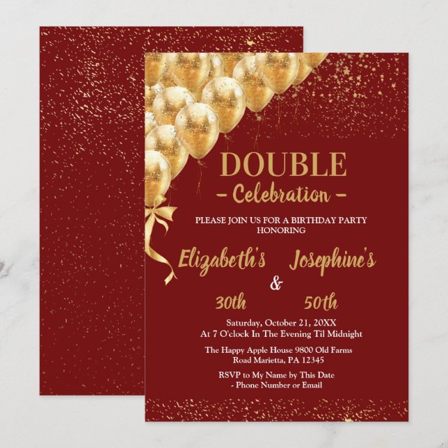 Invitación Purpurina de Globos de Oro Rojo Soiree de cumpleañ (Anverso / Reverso)