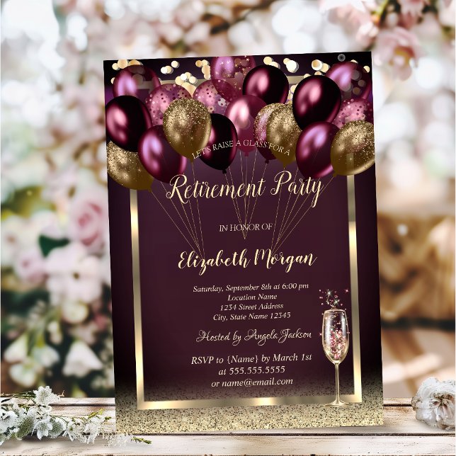 Invitación Purpurina de globos de vidrio de vino, jubilación  (Subido por el creador)