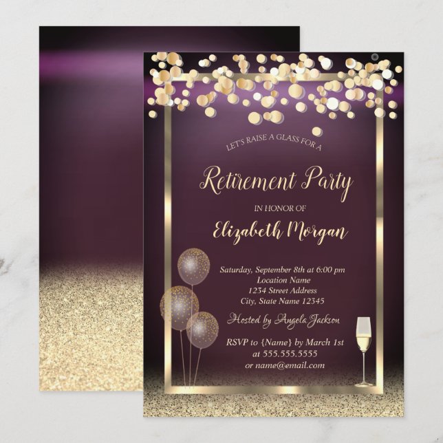 Invitación Purpurina de globos de vidrio Jubilación de Borgoñ (Anverso / Reverso)