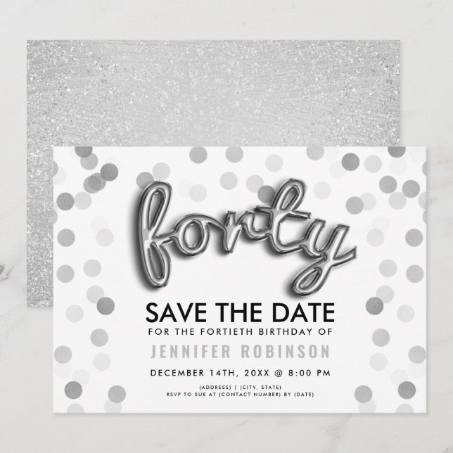 Invitación Purpurina de globos plateados Confetti 40 cumpleañ (Anverso / Reverso)