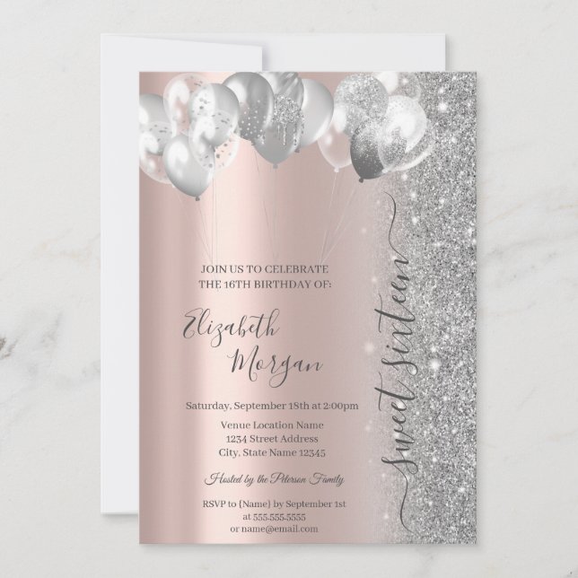 Invitación Purpurina de globos plateados Rosa de oro dulce 16 (Anverso)