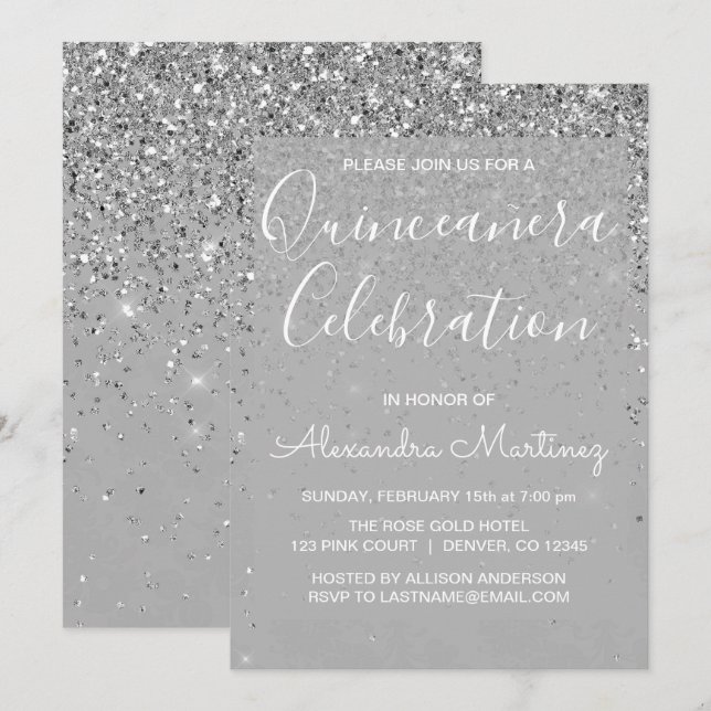 Invitación Purpurina de glotonería de lujo Sparkle Quinceaner (Anverso / Reverso)