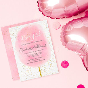 Invitación Purpurina de golosinas color agua rosada ducha beb