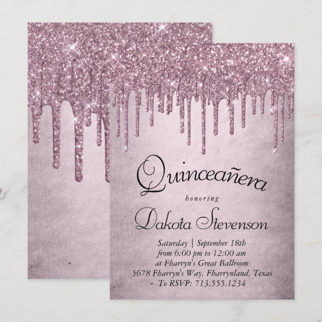 Invitación Purpurina de gota | Quinceanera rosada turbia (Anverso / Reverso)