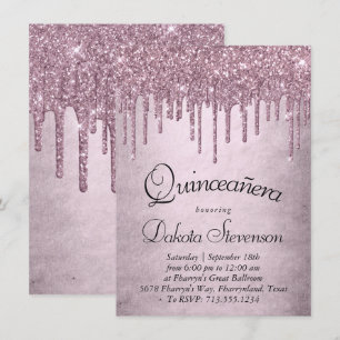 Invitación Purpurina de gota   Quinceanera rosada turbia