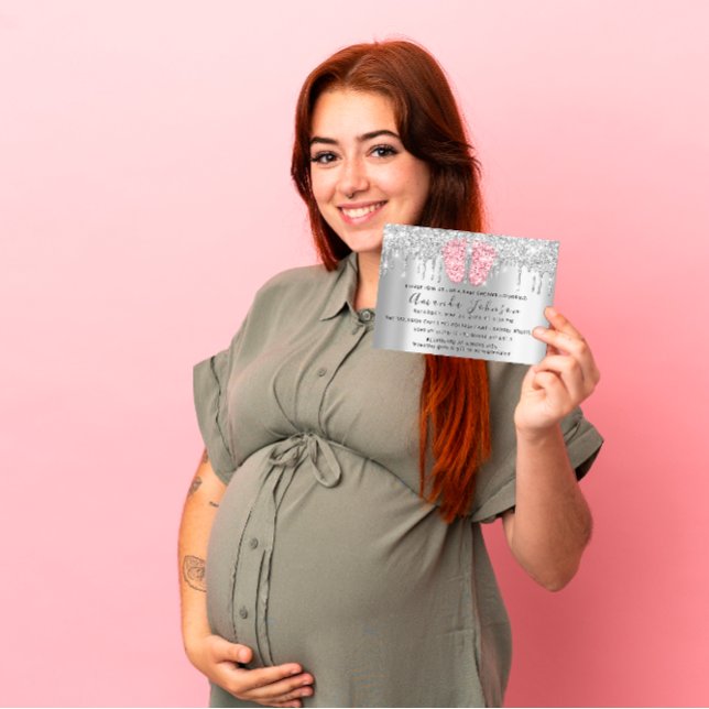 Invitación Purpurina de goteo Baby Shower Pies Rosa Chica Gri (Baby Shower Drips Glitter Pink Feet Gray Boy Girl Invitation)