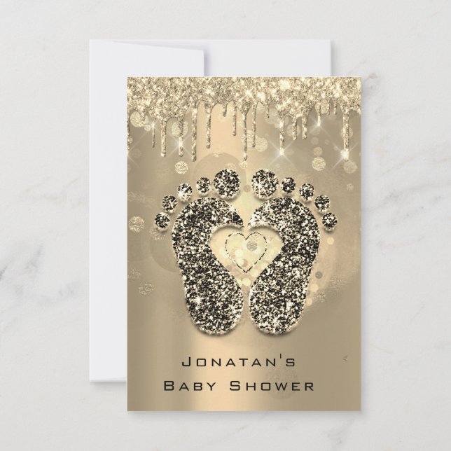 Invitación Purpurina de goteo Baby Shower pies Sepia puntos C (Reverso)