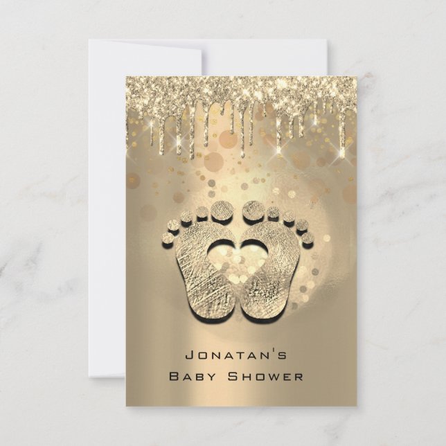 Invitación Purpurina de goteo Baby Shower pies Sepia puntos C (Reverso)