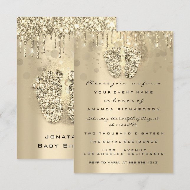 Invitación Purpurina de goteo Baby Shower pies Sepia puntos C (Anverso / Reverso)