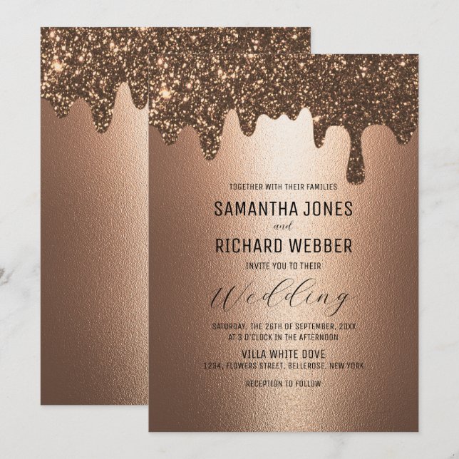 Invitación Purpurina de goteo de oro marrón Boda de brillante (Anverso / Reverso)