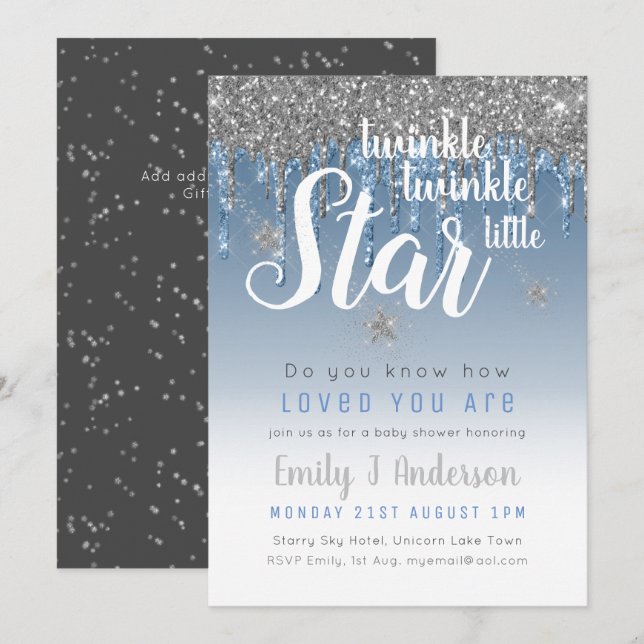 Invitación Purpurina de goteo de plata azul de Twinkle Star (Anverso / Reverso)
