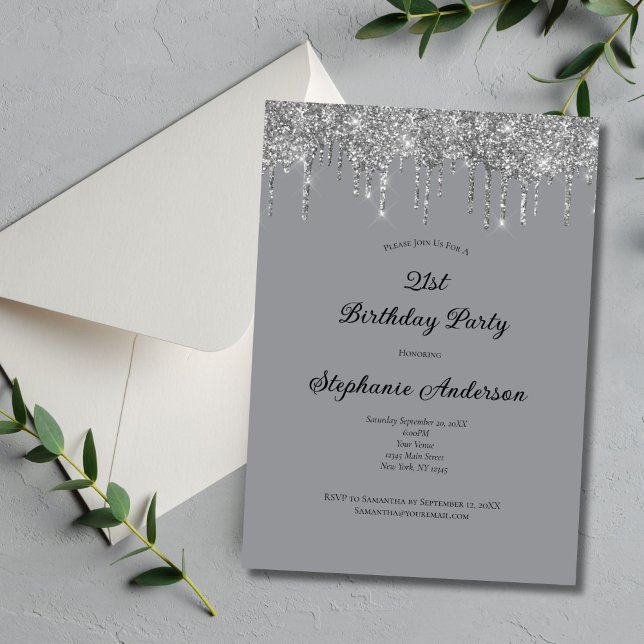 Invitación Purpurina de goteo gris plateado Noche de cumpleañ (Silver Dripping glitter 21st Birthday Invitation Elegant and Formal.)