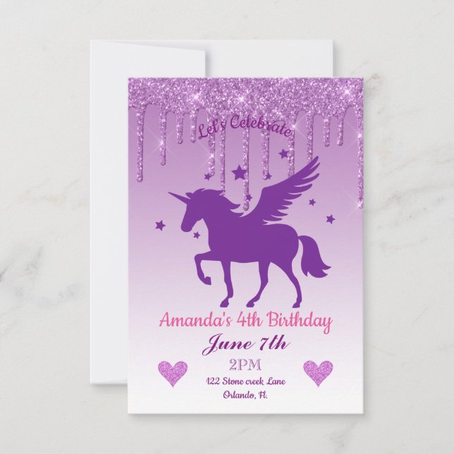 Invitación Purpurina de goteo morado/cumpleaños morado de uni (Anverso)
