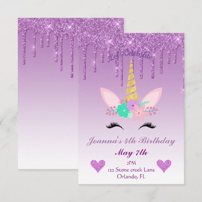 Invitación Purpurina de goteo morado/unicornio floral (Anverso / Reverso)