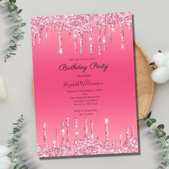 Invitación Purpurina de goteo rosa Bling Glam Cumpleaños de m (Subido por el creador)