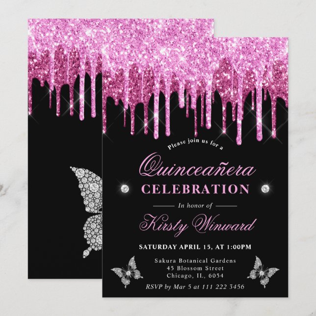 Invitación Purpurina de goteo rosa caliente Quinceanera (Anverso / Reverso)