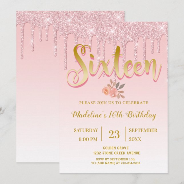 Invitación Purpurina de goteo rosa | Dulce 16 (Anverso / Reverso)