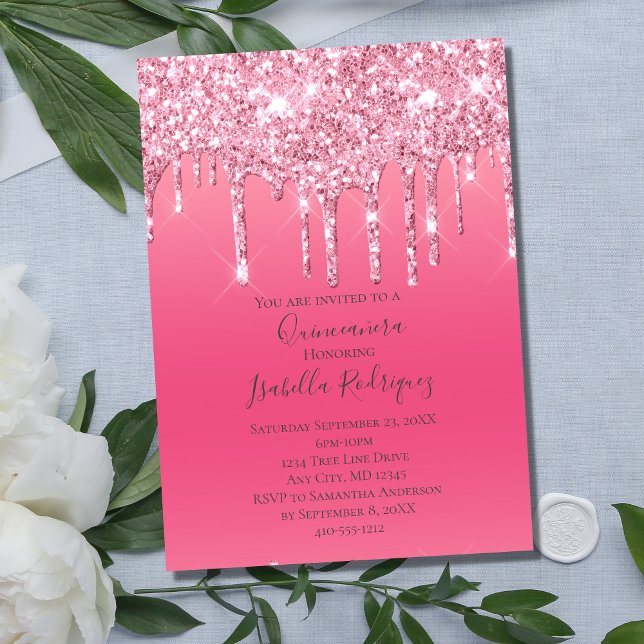 Invitación Purpurina de goteo rosa Girly Trendy Quinceanera (Subido por el creador)