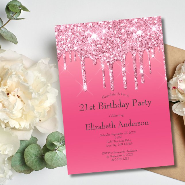 Invitación Purpurina de goteo rosa Moda Girly 21 cumpleaños (Pink Dripping Glitter 21st Birthday Party Invitation for her)