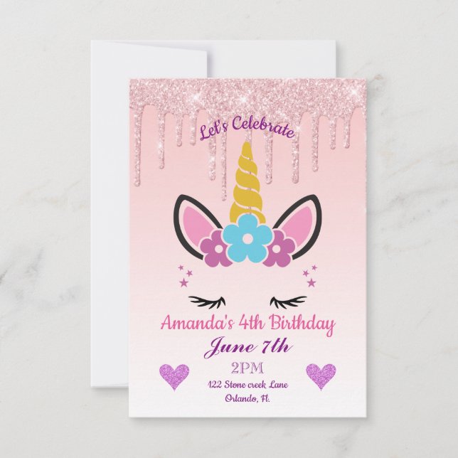 Invitación Purpurina de goteo rosa/Unicornio floral Cumpleaño (Anverso)