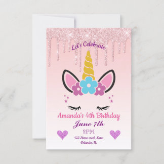 Invitación Purpurina de goteo rosa/Unicornio floral Cumpleaño