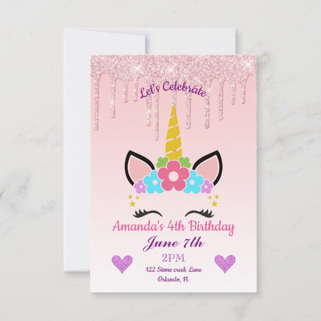 Invitación Purpurina de goteo rosa/Unicornio floral Cumpleaño (Anverso)