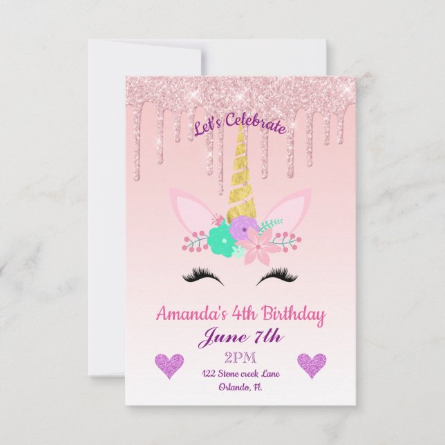 Invitación Purpurina de goteo rosa/Unicornio floral Cumpleaño (Anverso)