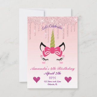 Invitación Purpurina de goteo rosa/Unicornio floral Cumpleaño