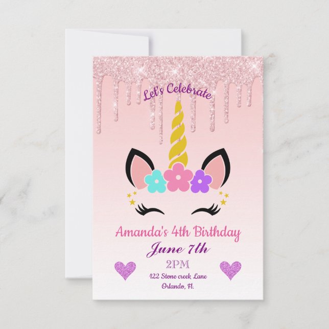Invitación Purpurina de goteo rosa/Unicornio floral Cumpleaño (Anverso)