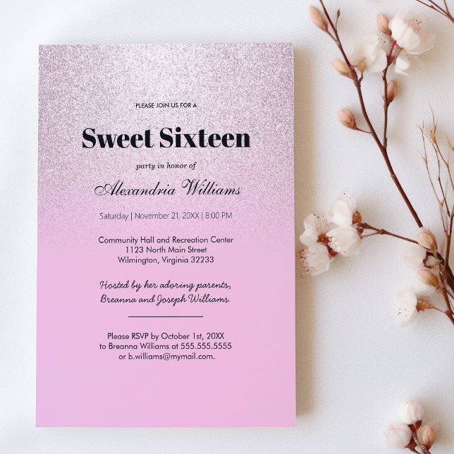 Invitación Purpurina de gradiente de lavanda de plata rosa Sw (Pink silver lavender gradient glitter Sweet 16 )